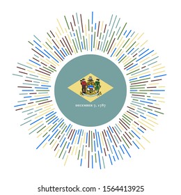 Delaware sign. US state flag with colorful rays. Radiant sunburst with Delaware flag. Vector illustration.