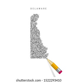 Delaware sketch scribble map isolated on white background. Hand drawn vector map of Delaware. Realistic 3D pencil with rubber.