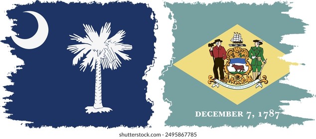 Delaware and South Carolina states grunge brush flags connection, vector