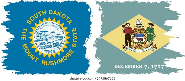 Delaware and South Dakota states grunge brush flags connection, vector