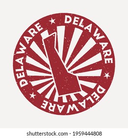 Delaware stamp. Travel red rubber stamp with the map of us state, vector illustration. Can be used as insignia, logotype, label, sticker or badge of the Delaware.