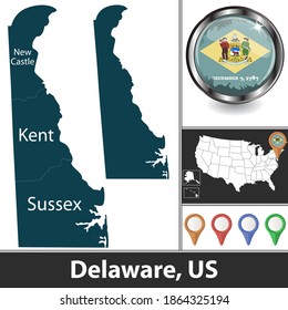 Estado de Delaware con condados y ubicación en el mapa estadounidense. Imagen del vector