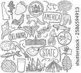 Delaware State Doodle Icons Black and White Line Art. united States Clipart Hand Drawn Symbol Design.