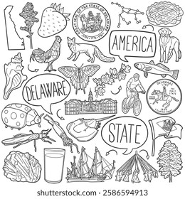 Delaware State Doodle Icons Black and White Line Art. united States Clipart Hand Drawn Symbol Design.