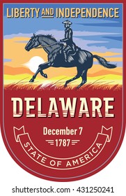 Delaware state emblem, sunrise on a red background