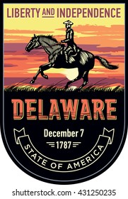 Delaware state emblem, sunset on a dark background