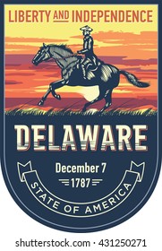 Delaware state emblem, sunset on a blue background