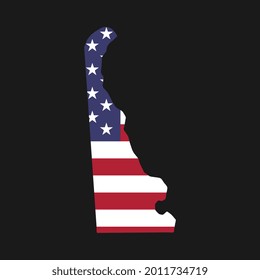 Delaware state map with American national flag on black background