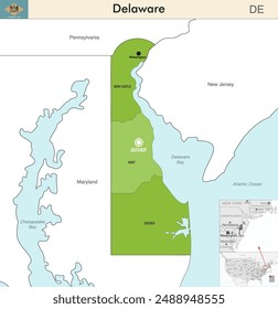 Delaware state map with counties borders. Delaware's at-large congressional district. Flag of Delaware. Vector