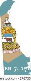 Delaware State Map with Flag Design and Accurate Geographic Contours. Professional vector silhouette featuring the colonial blue field and buff diamond with state seal. Ideal for Wilmington corporate infographics, legal sector reports, and First State historical news. Clean 2D minimalist graphic