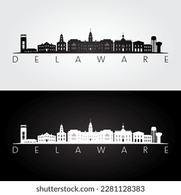 Delaware state skyline and landmarks silhouette, black and white design. Vector illustration.