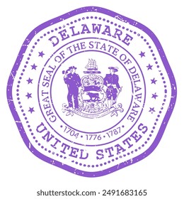 Delaware state stamp with seal, USA travel stamp, shabby postmark of Delaware, vector