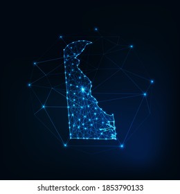 Delaware state USA map glowing silhouette outline made of stars lines dots triangles, low polygonal shapes. Communication, internet technologies concept. Wireframe futuristic vector illustration