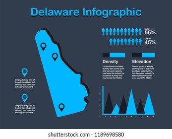 Delaware State (USA) Map with Set of Infographic Elements in Blue Color in Dark Background. Modern Information Graphics Element for your design.