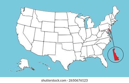 Estado de Delaware, EUA, mapa vetorial isolado no mapa dos Estados Unidos. Ilustração detalhada alta. Estilo plano. Ilustração vetorial