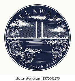 Delaware. Diseño de tatuajes y pantalones. Bienvenidos a Delaware, (EUA). El lema del melocotón. Concepto de arte de viajes