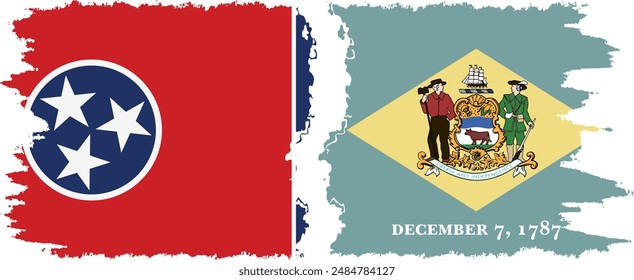 Delaware and Tennessee states grunge brush flags connection, vector