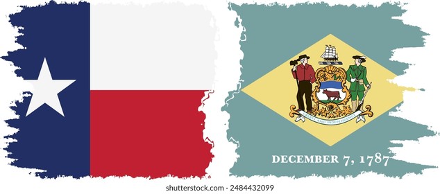 Delaware and Texas states grunge brush flags connection, vector