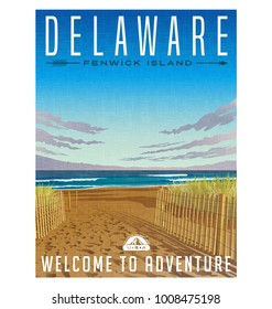 Delaware Travel Poster Or Sticker. Retro Style Vector Illustration Of Serene Beach And Atlantic Ocean.