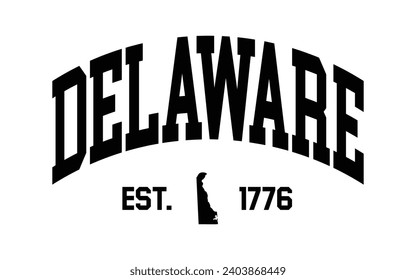 Diseño tipográfico Delaware con vector de mapa. Vector de efecto de texto imprimible de diseño de camisetas del colegio editable	