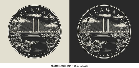 Delaware. United States of America (USA). The peach slogan. Travel and tourism concept. Template for clothes, t-shirt design. Vector illustration 