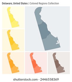 Delaware, United States. Map collection. State shape. Colored counties. Blue Grey, Yellow, Amber, Orange, Deep Orange, Brown color palettes. Border of Delaware with counties. Vector illustration.