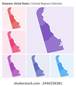 Delaware, United States. Map collection. State shape. Colored counties. Deep Purple, Red, Pink, Purple, Indigo, Blue color palettes. Border of Delaware with counties. Vector illustration.