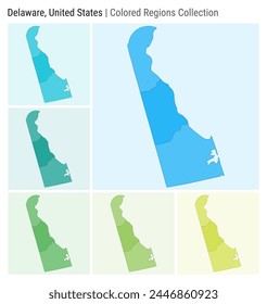 Delaware, United States. Map collection. State shape. Colored counties. Light blue, cyan, teal, green, light green, lime color palettes. Border of Delaware with counties. Vector illustration.