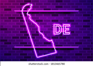 Delaware US state glowing neon lamp sign. Realistic vector illustration. Purple brick wall, violet glow, metal holders.