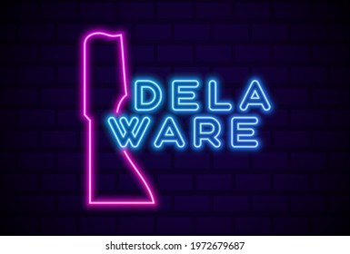 Delaware US state glowing neon lamp sign Realistic vector illustration Blue brick wall glow