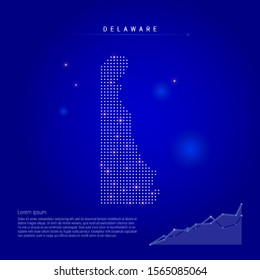 Delaware US state illuminated map with glowing dots. Infographics elements. Dark blue space background. Vector illustration. Growing chart, lorem ipsum text.