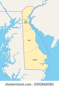 Delaware, U.S. state, political map with borders and county names. State in the Mid-Atlantic and Northeastern region of the USA, subdivided into 3 counties, nicknamed First State, Small Wonder, etc.