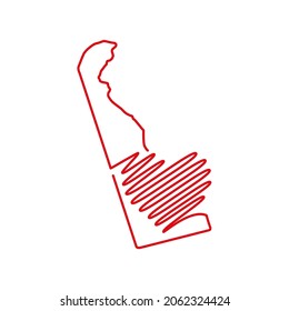 Delaware US state red outline map with the handwritten heart shape. Continuous line drawing of patriotic home sign. A love for a small homeland. T-shirt print idea. Vector illustration.