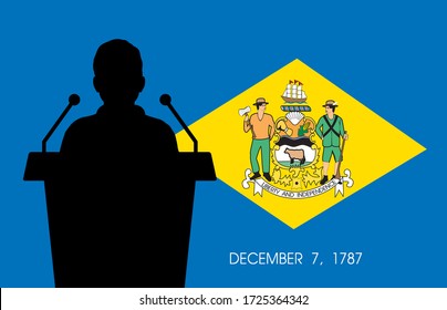 Delaware USA Flag Background Man Speaks. Business Man Presentation Conference Concept.