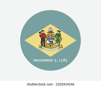 Bandera de Estado redonda Delaware USA. DE, Bandera Círculo Estadounidense. Estado de Delaware, Banner de botón de forma circular de los Estados Unidos de América. Ilustración del vector EPS.