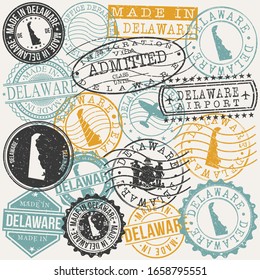 Delaware, USA Set of Stamps. Travel Passport Stamps. Made In Product. Design Seals in Old Style Insignia. Icon Clip Art Vector Collection.