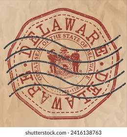 Delaware, USA Stamp Travel Passport. Design Retro Symbol Country. Old Vintage Postmark.