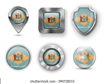 Delaware USA State Metal and Glass Flag Badges, Buttons, Map marker pin and Shields. Vector illustrations