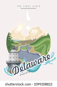 Delaware vector illustration with colorful detailed landscapes in modern flat design