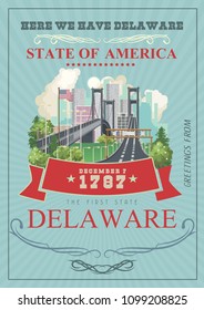 Delaware vector illustration with colorful detailed landscapes in modern flat design