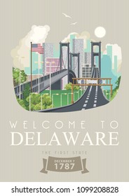 Delaware vector illustration with colorful detailed landscapes in modern flat design