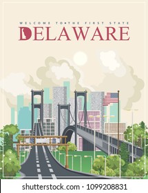 Delaware vector illustration with colorful detailed landscapes in modern flat design