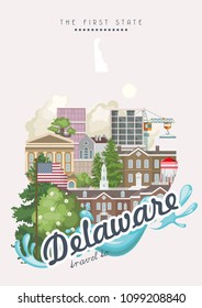 Delaware vector illustration with colorful detailed landscapes in modern flat design