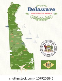 Delaware vector illustration with colorful detailed landscapes in modern flat design
