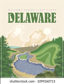 Delaware vector illustration with colorful detailed landscapes in modern flat design