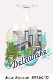 Delaware vector illustration with colorful detailed landscapes in modern flat design