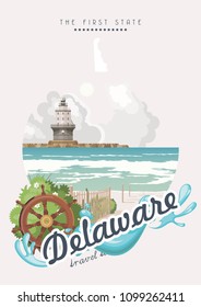 Delaware vector illustration with colorful detailed landscapes in modern flat design