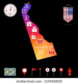 Delaware Vector Map, Night View. Compass Icon, Map Navigation Elements. Pennant Flag of the United States. Vector Flag of Delaware. Various Industries, Economic Geography Icons.