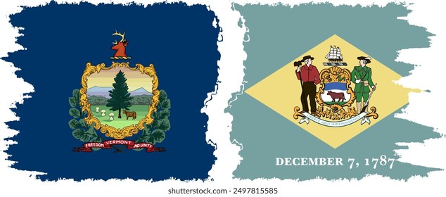 Delaware and Vermont states grunge brush flags connection, vector