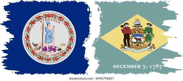 Delaware and Virginia states grunge brush flags connection, vector